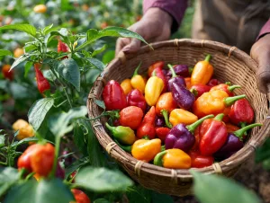 Growing peppers of many colors: a wicker basket of small red, orange, yellow and purple peppers held among the plants.