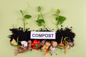 Compost made from food scraps and soil with young plants growing above, illustrating the composting process
