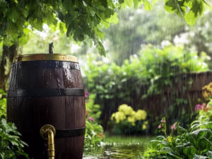 Rainwater collection barrel in a garden during rainfall, surrounded by green plants