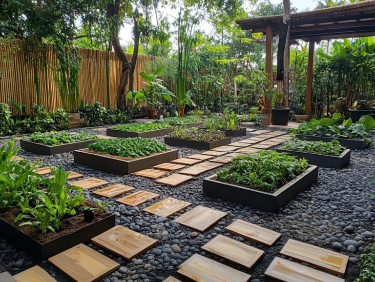 Feng shui garden: raised beds on gravel with wooden stepping slabs, a bamboo fence and a pergola laid out with intention