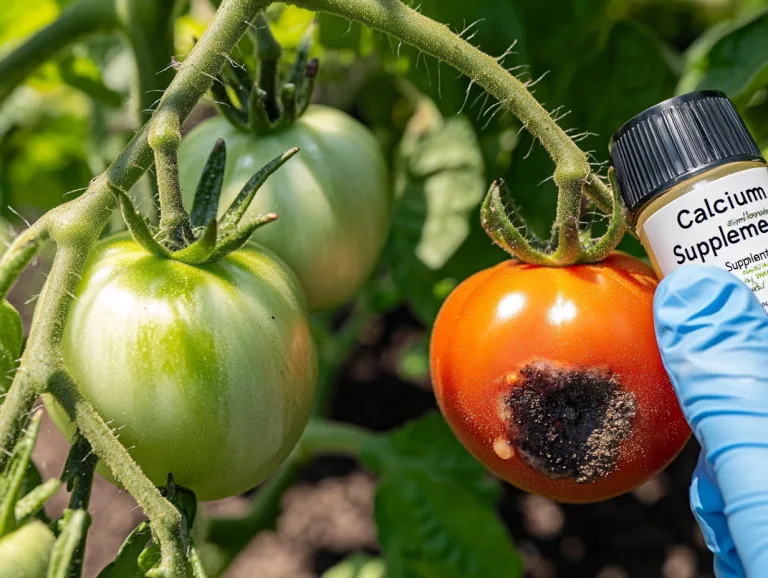 Identifying and preventing blossom-end rot: tomatoes on the vine, one with a black rotten base.