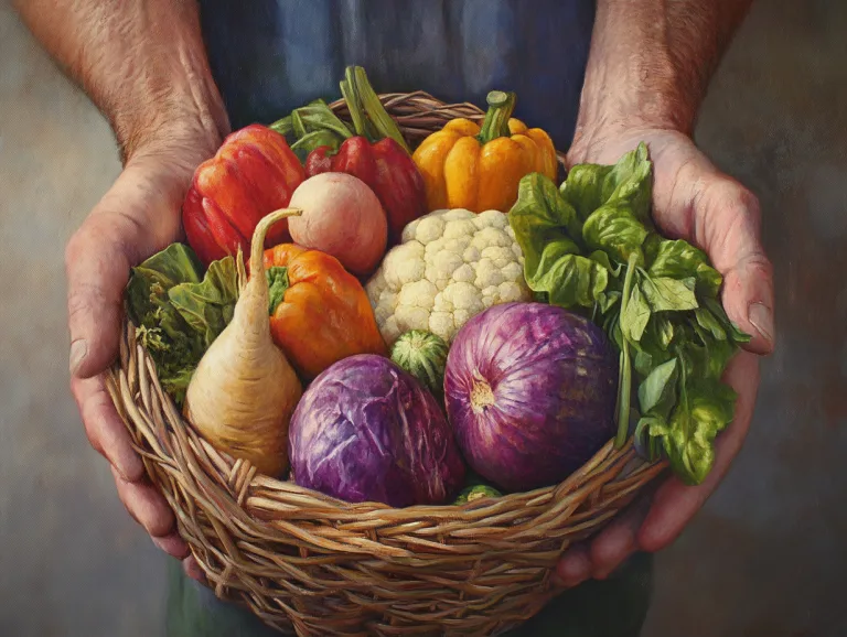 Maximizing nutrient density in homegrown vegetables: hands holding a basket of peppers, cabbage, cauliflower and squash.