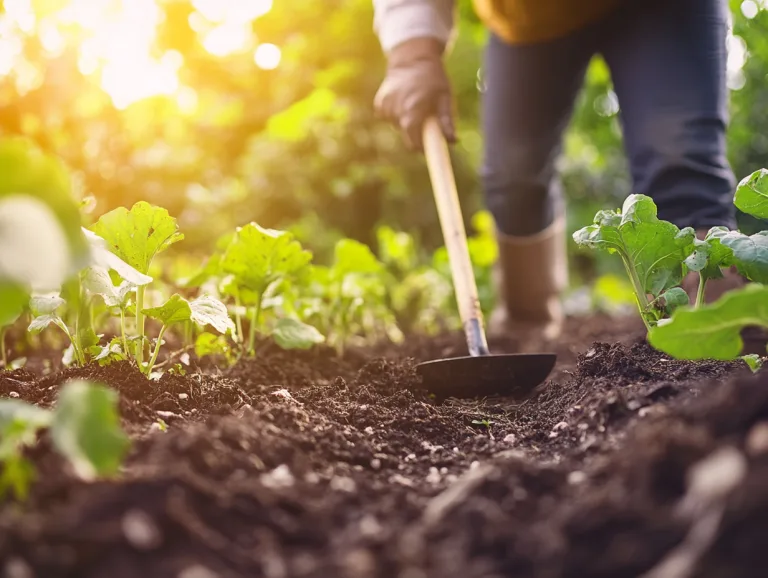 Natural weed control methods: a gardener hoeing dark soil between rows of young plants in low sunlight.
