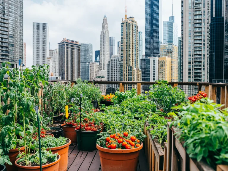 Urban rooftop vegetable gardening: potted tomatoes and vegetables on a rooftop against a skyline of skyscrapers.
