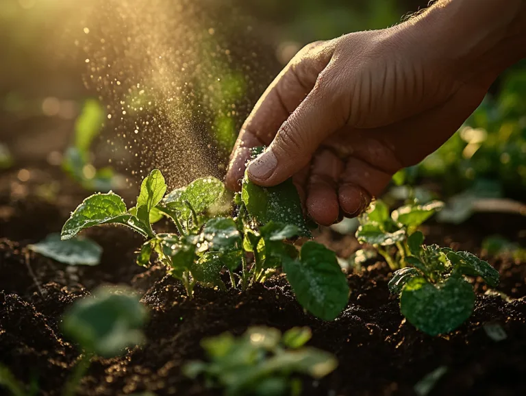 Aphid control methods: a hand dusting a leafy plant with a natural treatment in bright sunlight.