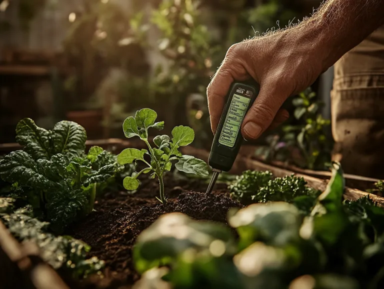 Soil pH Testing in a vegetable bed: a hand pushing a calibrated digital meter into the soil beside young seedlings.