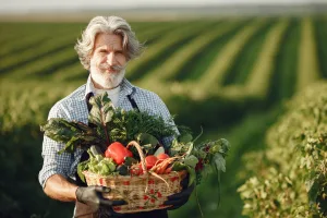 Benjamin Greenfield holding a basket of vegetables just picked on his farm