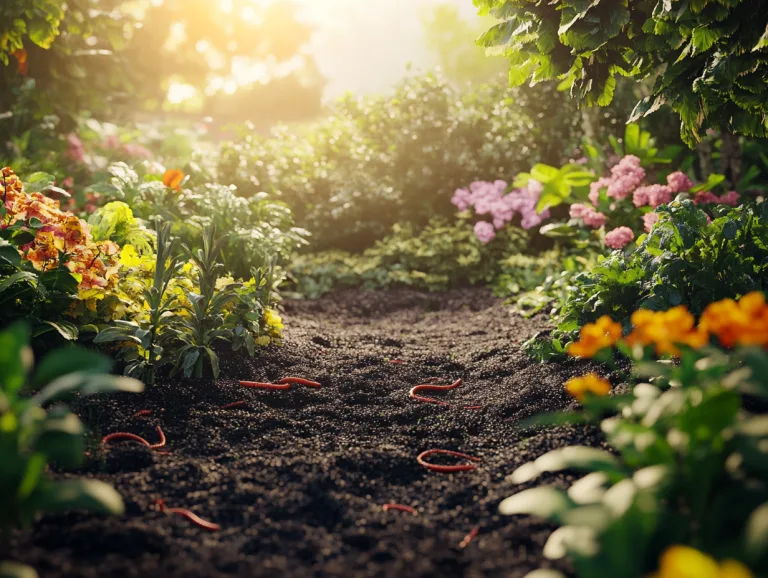 Regenerative gardening: a garden path of dark soil full of earthworms, flowers on both sides in sunrise light.