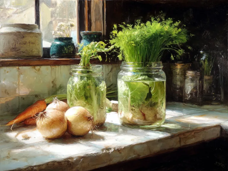 Growing vegetables from scraps: glass jars regrowing greens in water on a sunny kitchen windowsill.