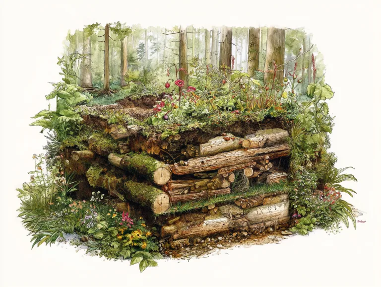 Hügelkultur gardening: watercolor illustration of a mound of stacked logs covered in moss and plants in a forest.