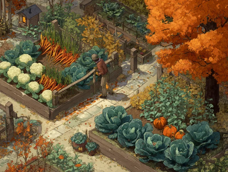 Fall vegetable gardening guide: illustration of an autumn garden with cabbages, carrots, pumpkins and a gardener at work.