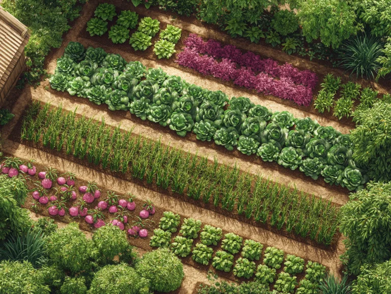 Vegetable companion planting chart in practice: aerial view of neat rows of lettuce, chard and cabbage.