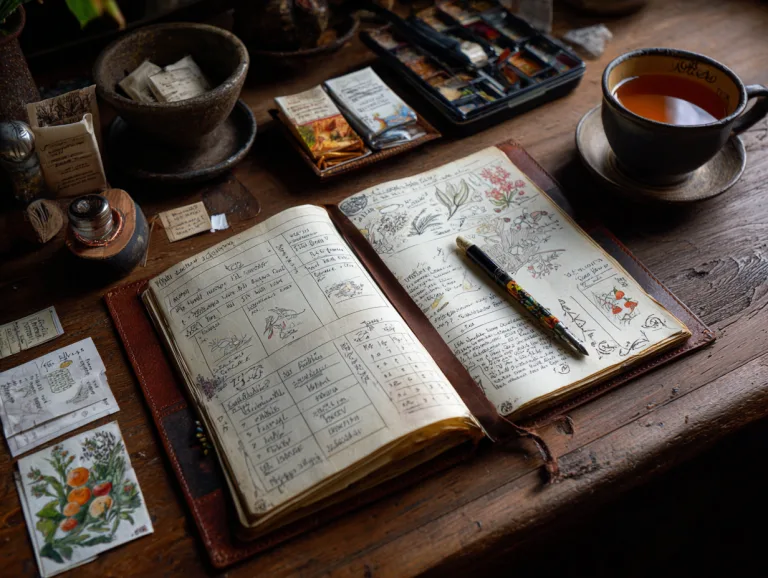 Garden journal template: an open handwritten garden journal on a wooden desk with a pen, seed packets and a cup of tea.