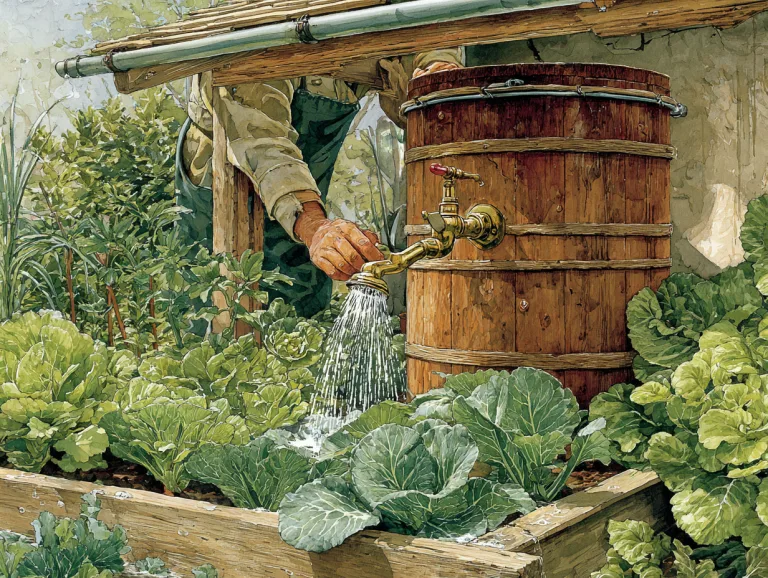 Rainwater harvesting for vegetable gardens: a man opening the tap of a wooden rain barrel under a bamboo gutter.