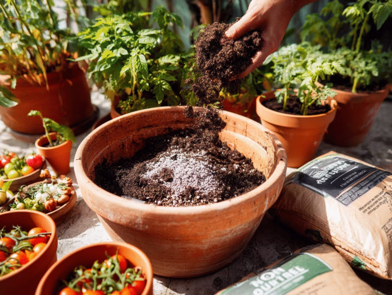 Best soil for container vegetables: a hand adds compost to a terracotta pot of potting mix beside potted tomatoes.