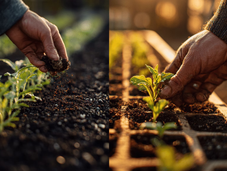 Direct sow vs transplant: a hand sowing seeds into soil and a hand setting a seedling into a cell tray.