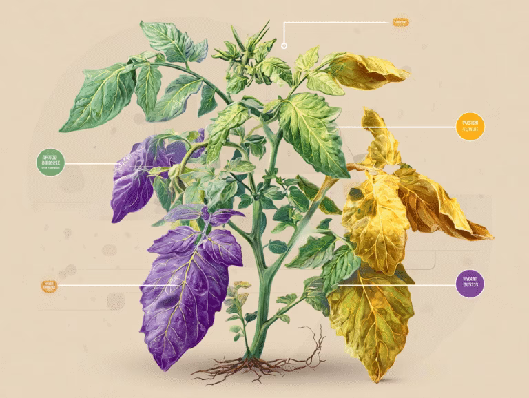 Nutrient deficiency in plants: tomato plant with purple and yellow leaves labelled by nutrient.