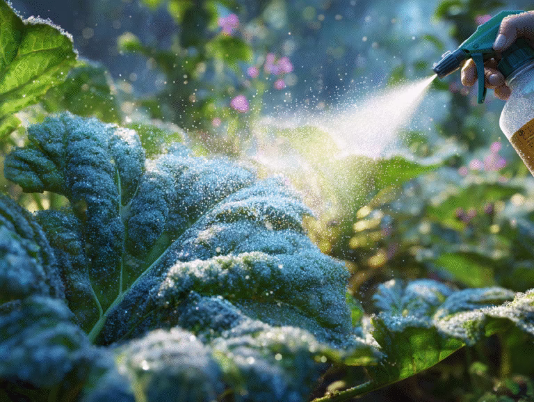 Powdery mildew treatment: a squash leaf coated in white mildew being sprayed with a bottle.