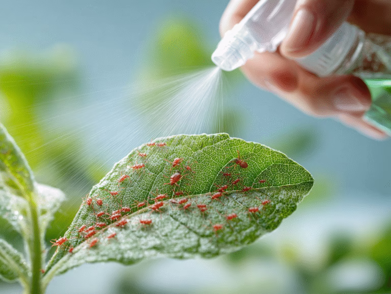 How to get rid of spider mites: a hand spraying a leaf covered with tiny red spider mites.