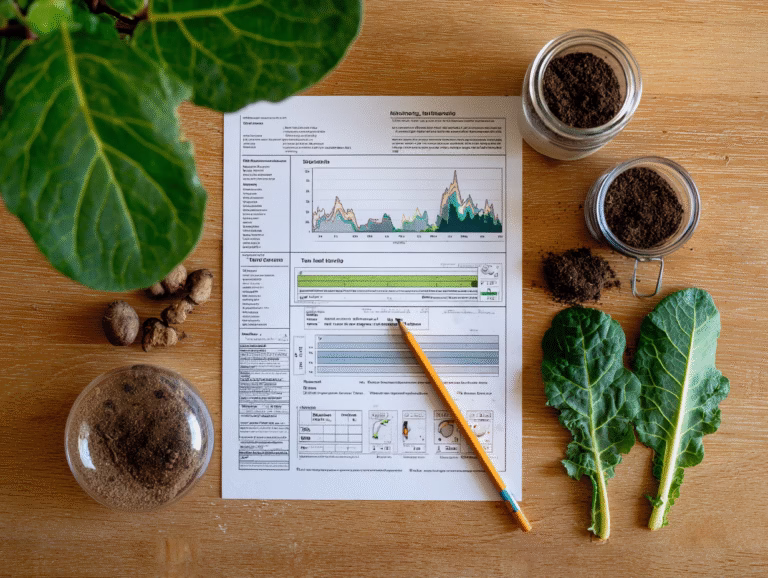How to read a soil test report: a printed soil test on a table with a pencil, jars of soil samples and kale leaves.