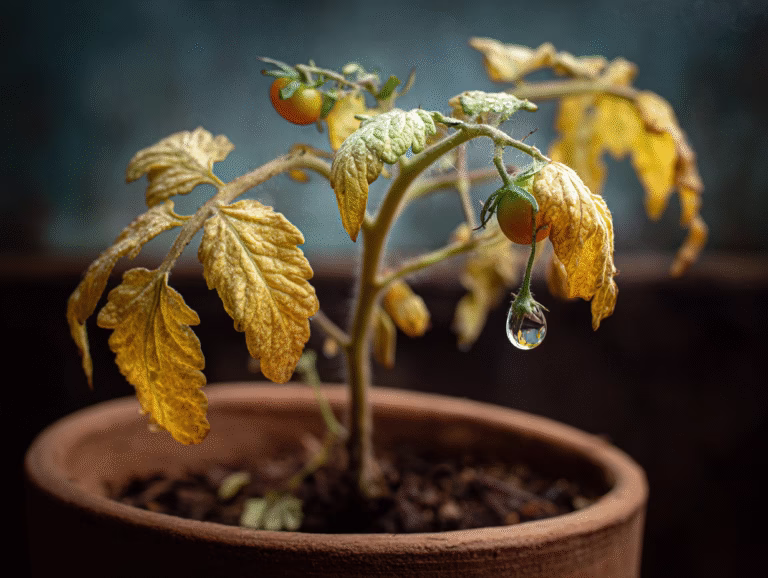 Signs of overwatering: a potted tomato plant with yellow drooping leaves and a drop of water falling.