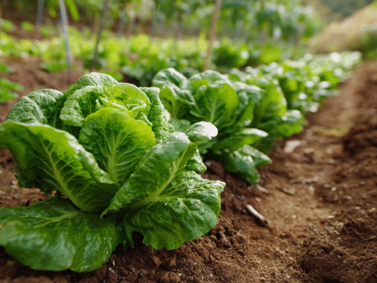 What is bolting: rows of romaine lettuce growing in a field before they go to seed.