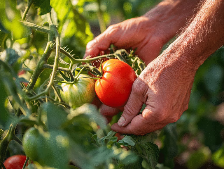 Harvesting vegetables: two hands picking a ripe red tomato from the vine.
