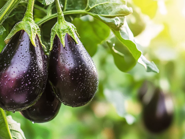 Growing eggplants: three glossy purple eggplants hanging on the plant with water drops on the skin.