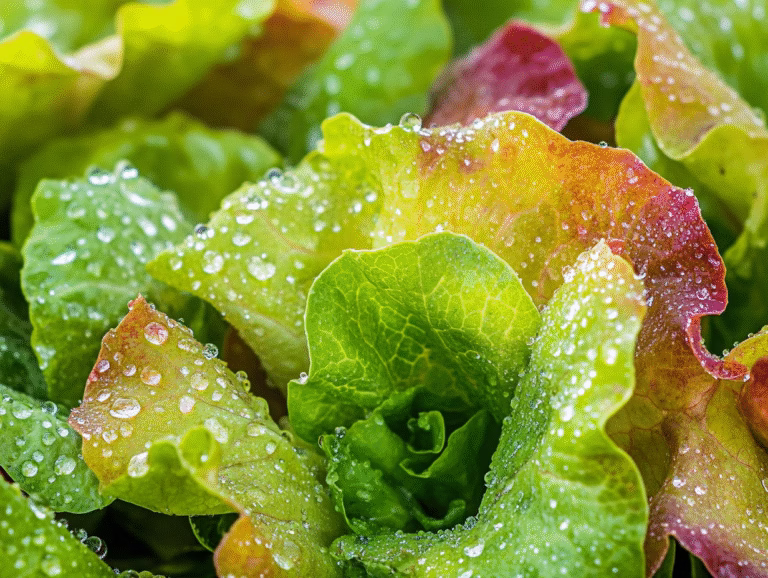 Growing lettuce: close-up of crisp red-tinged lettuce leaves covered in water droplets.