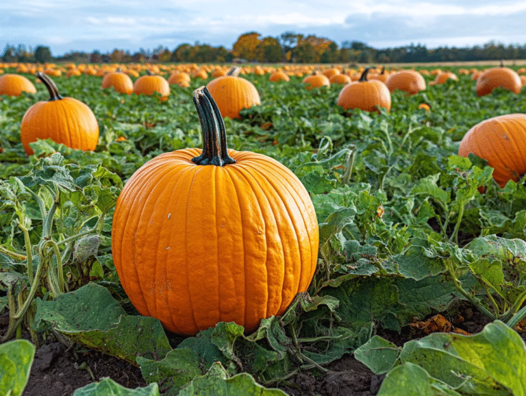 Growing pumpkins: a large orange pumpkin in the foreground of a pumpkin patch that stretches to a line of trees.