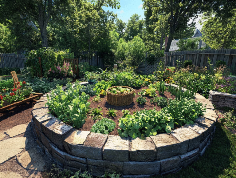 Keyhole garden: a circular raised bed of stacked stone with a central compost basket in a backyard.
