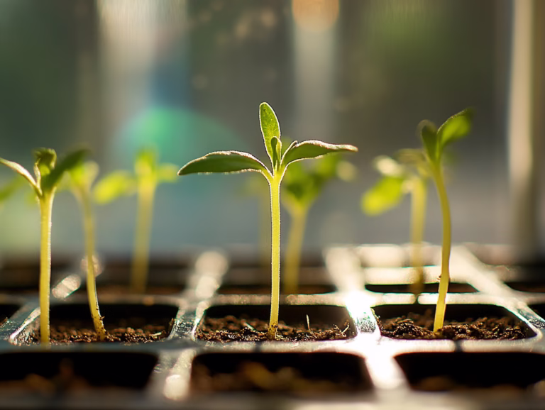 Leggy seedlings with thin, weak stems growing in seed trays under indoor light
