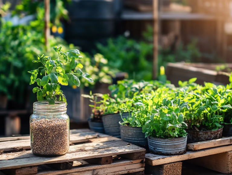 Vegetable gardening on a budget: seedlings in reused containers, with saved seeds stored in a glass jar.