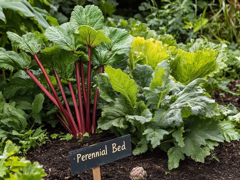 Rhubarb with red stems and leafy greens in a permanent bed of edible perennials.