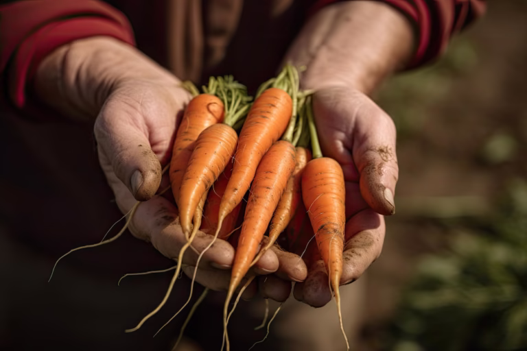 Growing Carrots: freshly pulled roots held in soil-stained hands, tops still attached.