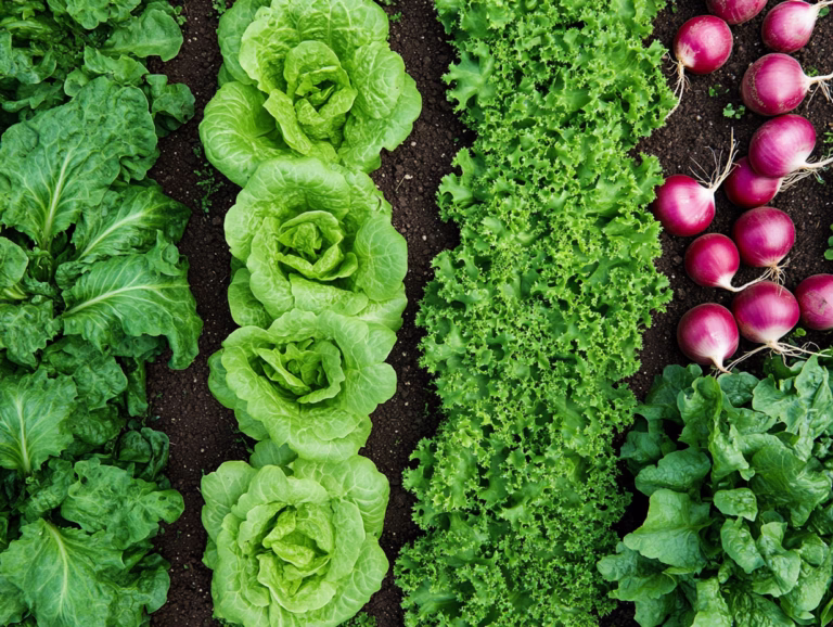 Intensive gardening seen from above: neatly arranged rows of lettuce heads, leafy greens and red radishes in dark soil.