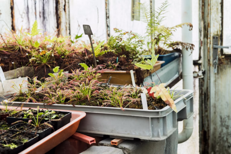Raised bed soil mix in weathered containers with young plants, set on supports near a wall and window.
