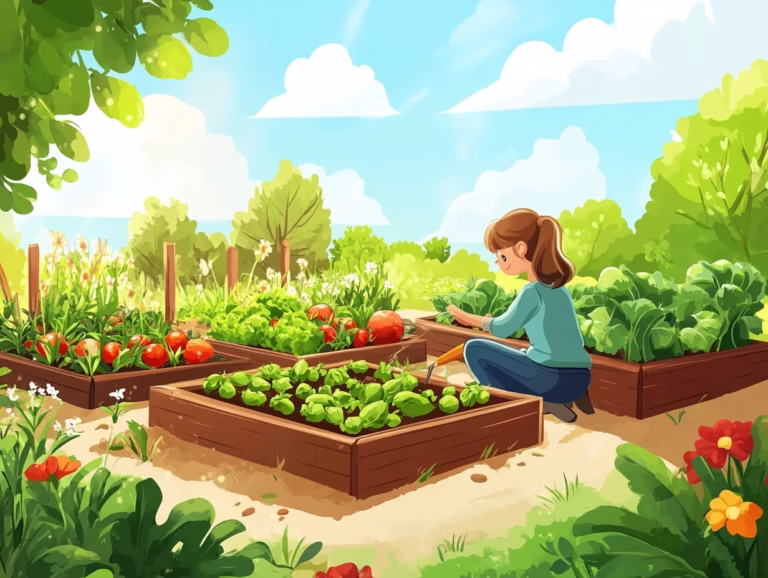 Starting a vegetable garden: a person tending raised beds filled with leafy vegetables and tomatoes outdoors.