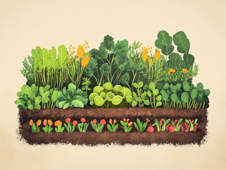 Succession planting illustration: layered soil with vegetables growing at staggered stages above and below the surface.