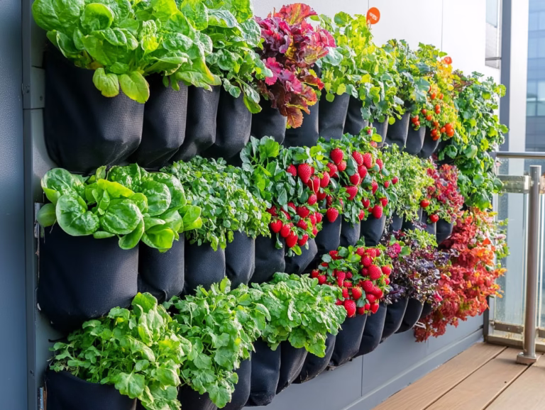 Vertical vegetable garden: fabric planters on a balcony wall growing leafy greens, herbs and strawberries.