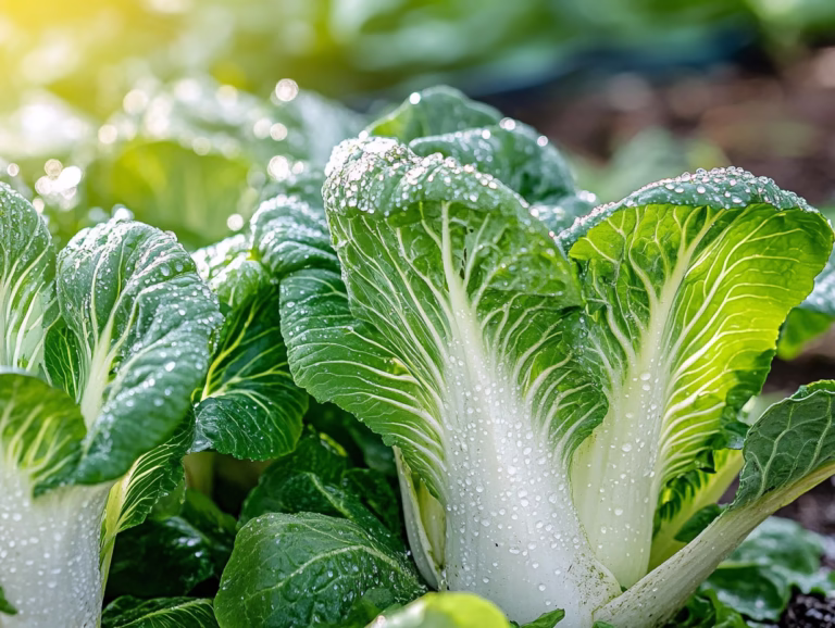 Asian greens: bok choy plants growing in a garden bed with water droplets on the leaves.