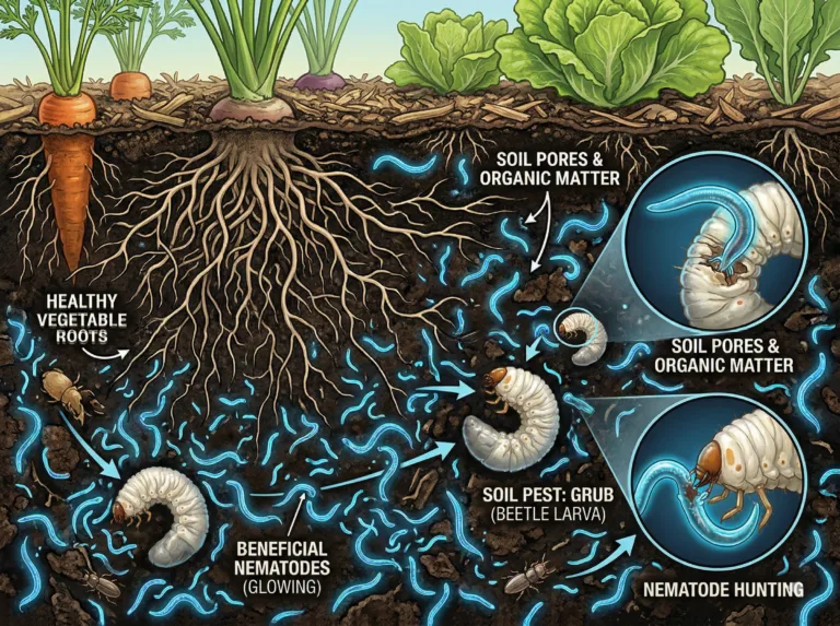 Beneficial nematodes attacking a white grub in the soil beside vegetable roots