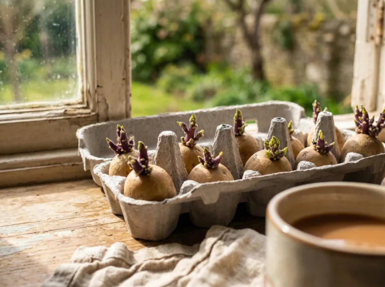 Seed potatoes chitting in an egg carton on a windowsill to encourage early sprouting.