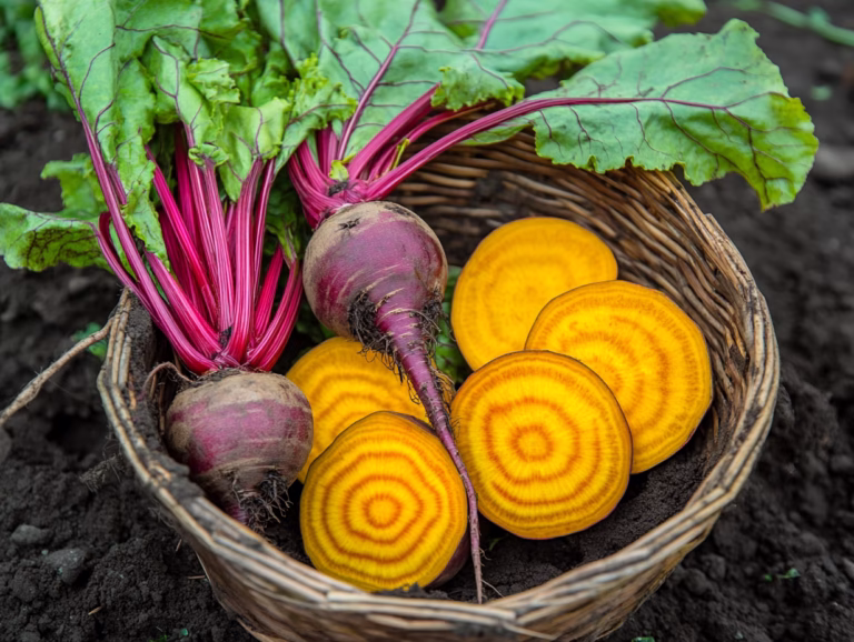 Golden beets freshly harvested in a basket, with sliced roots showing bright yellow rings.