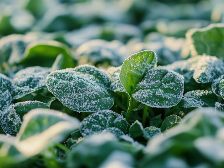 Overwintering spinach leaves covered with frost growing outdoors in cold weather.
