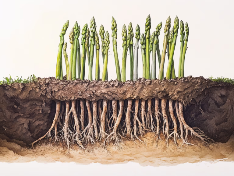 Planting asparagus crowns in soil, with spears above ground and root systems below the surface.