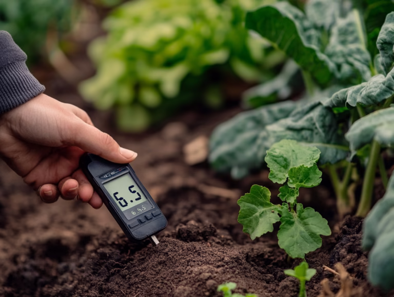 Gardener checking the Soil pH Level with a digital meter in a vegetable bed.