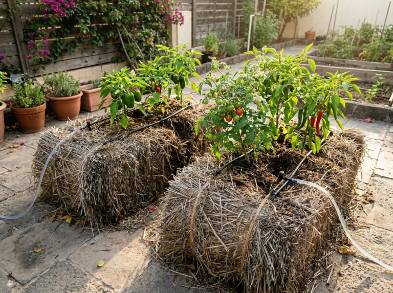 Vegetables growing in conditioned straw bales with drip irrigation system.