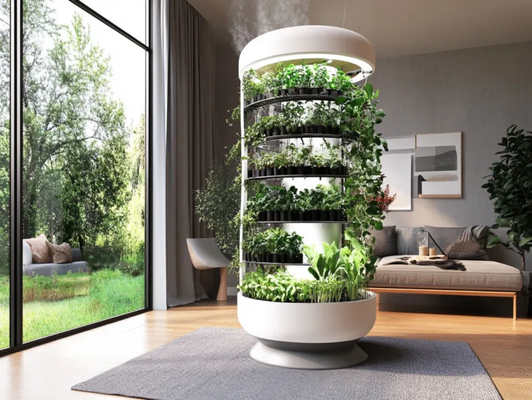 Indoor aeroponic tower garden growing leafy vegetables in a living room.