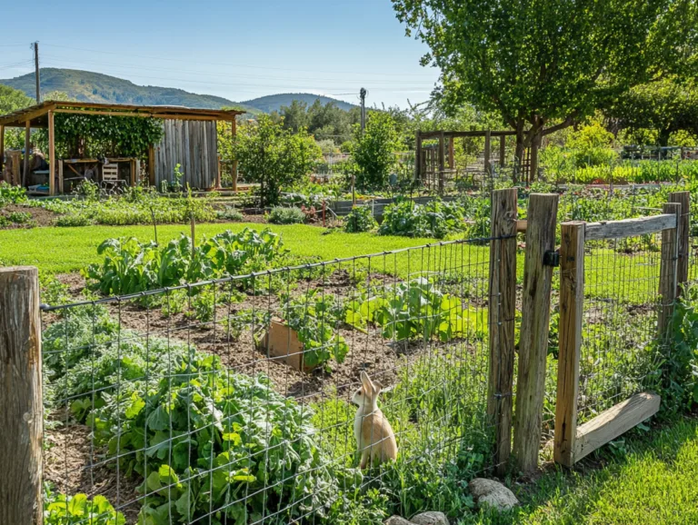 Animal proof vegetable garden: fenced beds with a rabbit outside the wire enclosure.